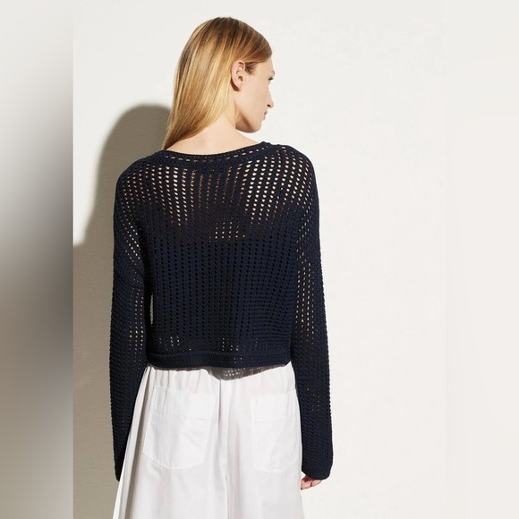 VINCE Crochet Crewneck Cotton Sweater - Navy - Picture 2 of 12